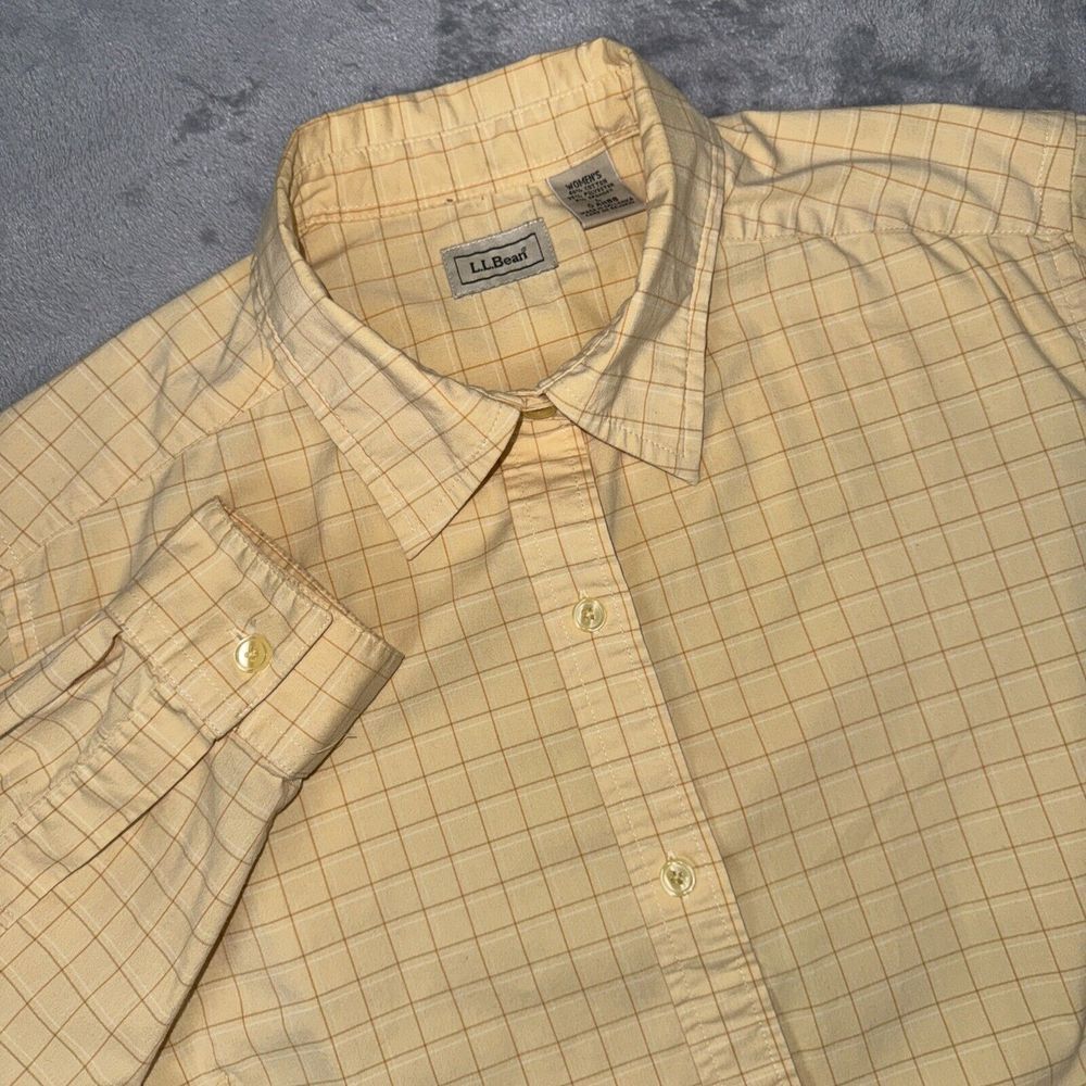 LL BEAN Shirt Womens Button Up‎ Plaid Long Sleeve Large Yellow